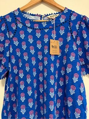 NWT Boden Mila Trim Detail Top Blue Floral Pom Pom Puff Sleeve Cotton